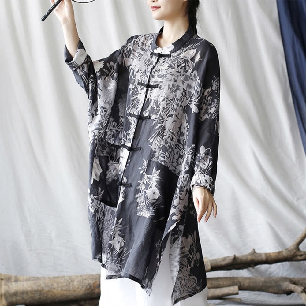 Buddha Stones Ramie Linen Chic Black, Gray, White Floral Women's Tunic L